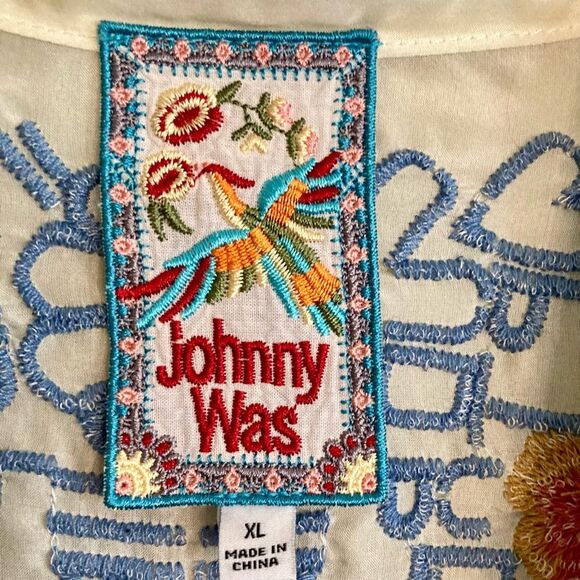 Johnny Was Utopia Kimono 100% Silk Floral Letter Embroidered Cream Blue Size XL - Picture 15 of 16